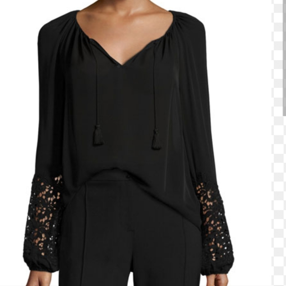 🔥Tahari Mariella black peasant tie front blouse 2